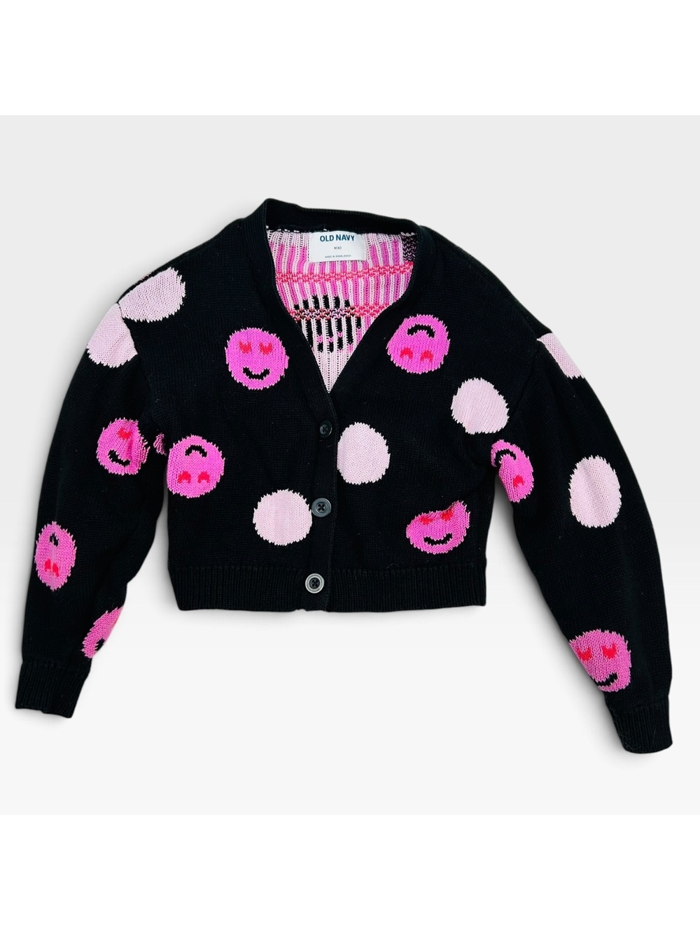 Old Navy Girls Smiley Face Cardigan Sweater Pink Black Polka Dot Size S 6-7 EUC